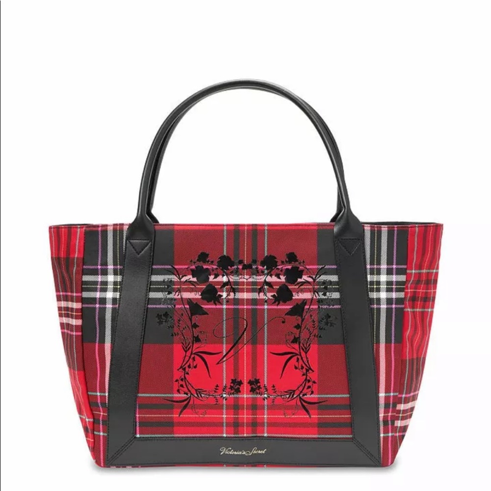 Victoria’s Secret VS Tote plaid red black roses floral holiday purse